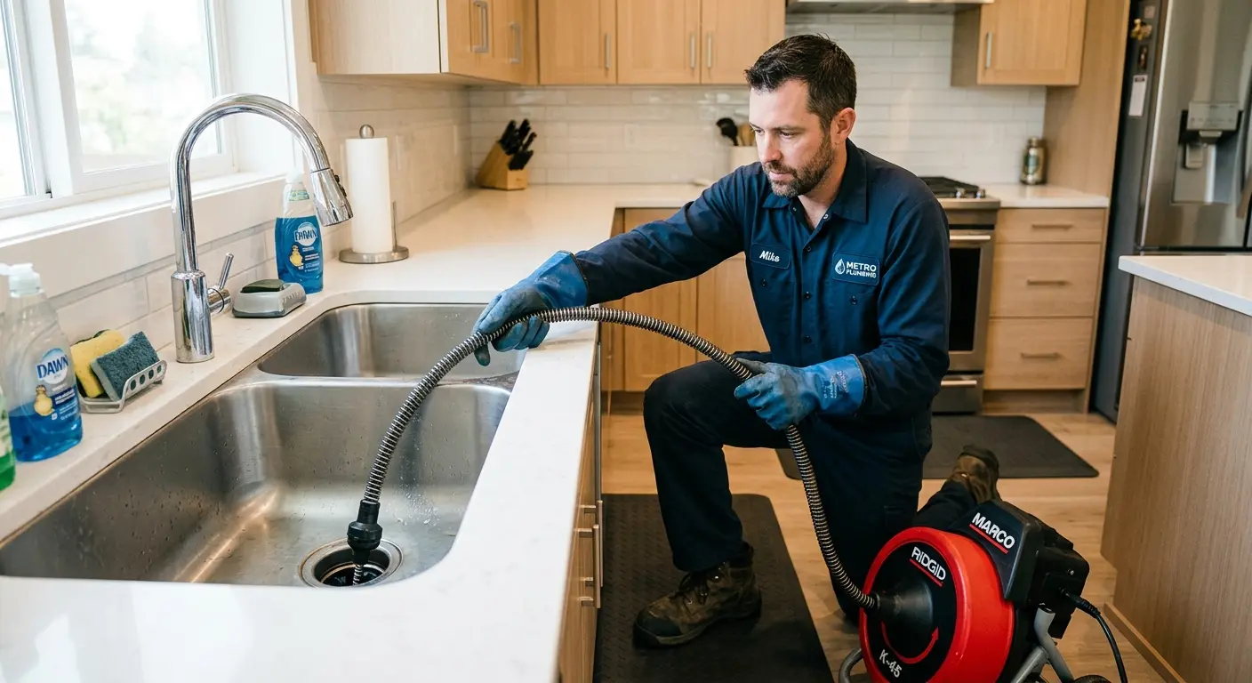 Drain cleaning technician using a motorized snake on a kitchen sink in North Castle