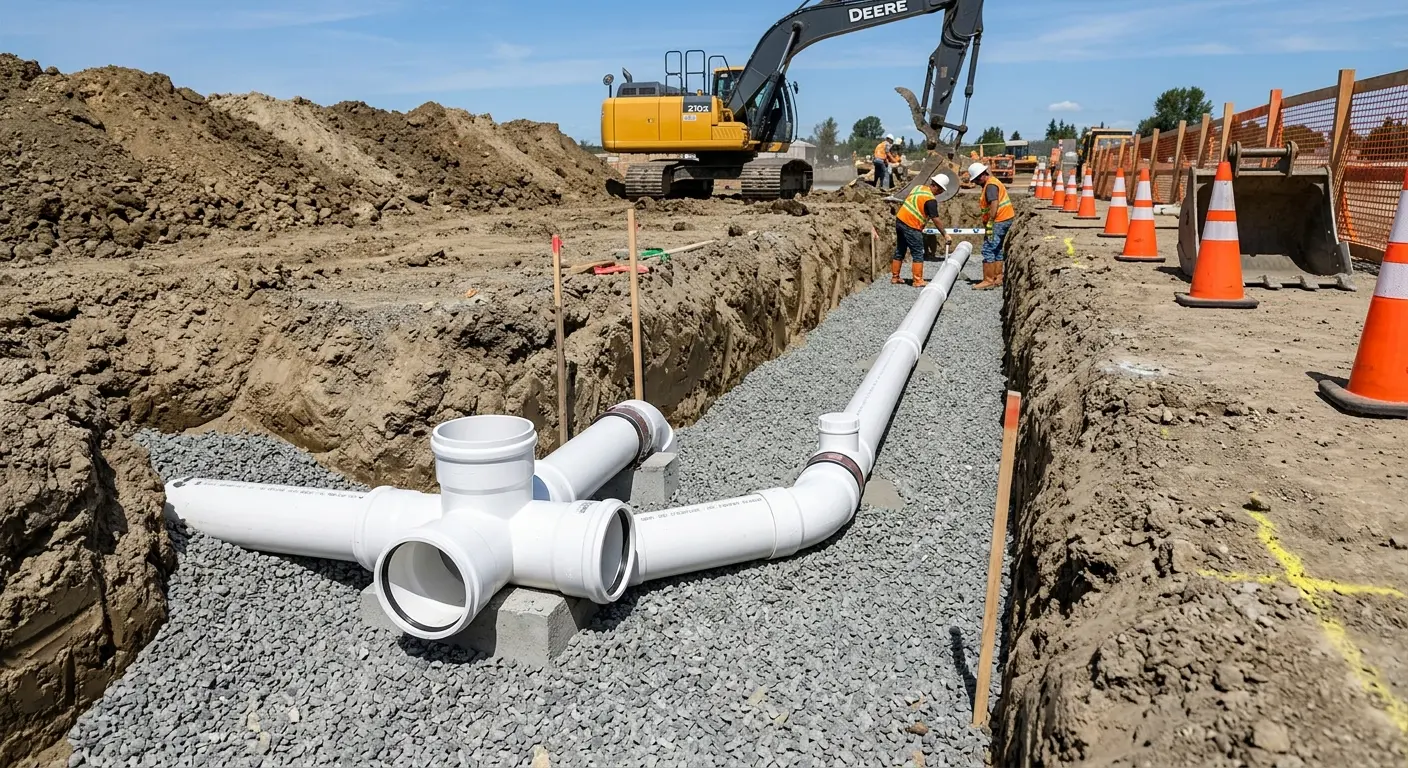 New PVC sewer pipe installation in open trench for Commercial Drain Cleaning in North Castle