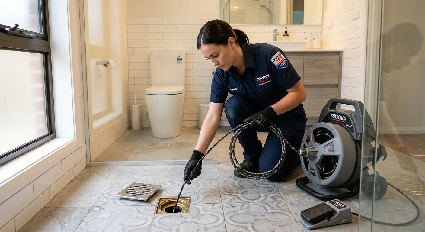 Technician clearing a bathroom floor drain for Clogged Drain Repair in North Castle